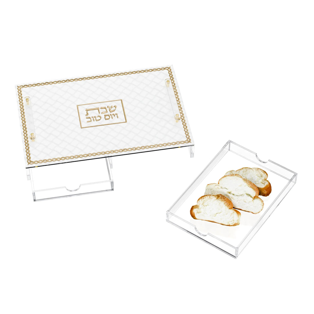 Challah Board with Tray - Leatherite Woven, Gold