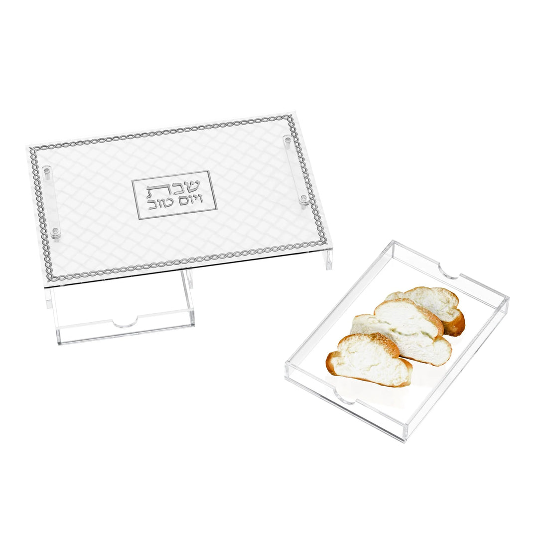 Challah Board with Tray - Leatherite Woven, Silver