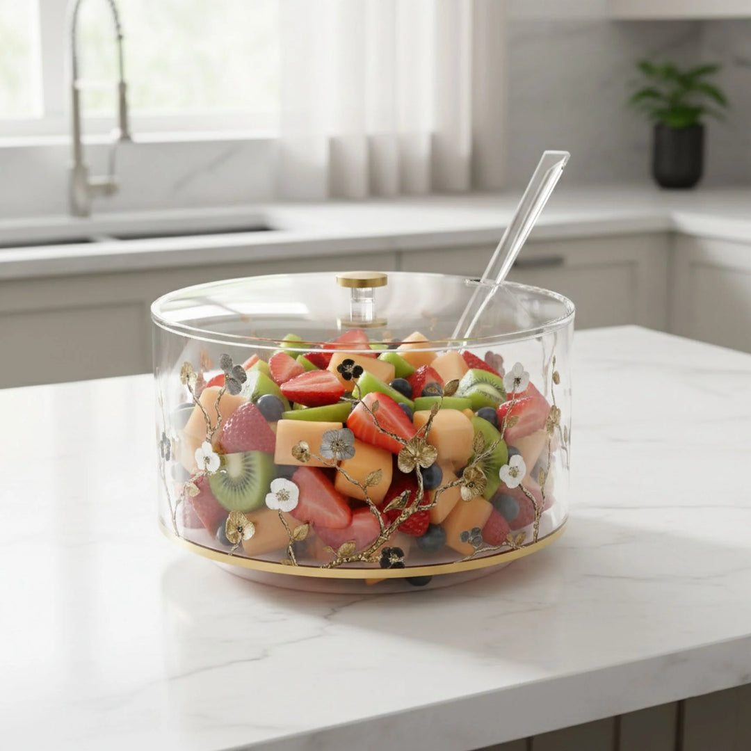 Salad Bowl With Lid & Spoons - Ornate Garden